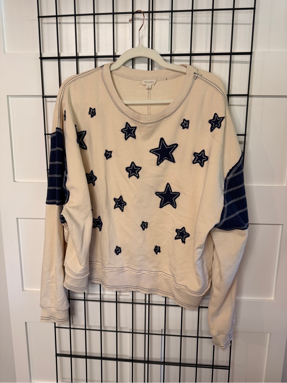 Pilcro Cream Sweatshirt with Navy Star Appliqués